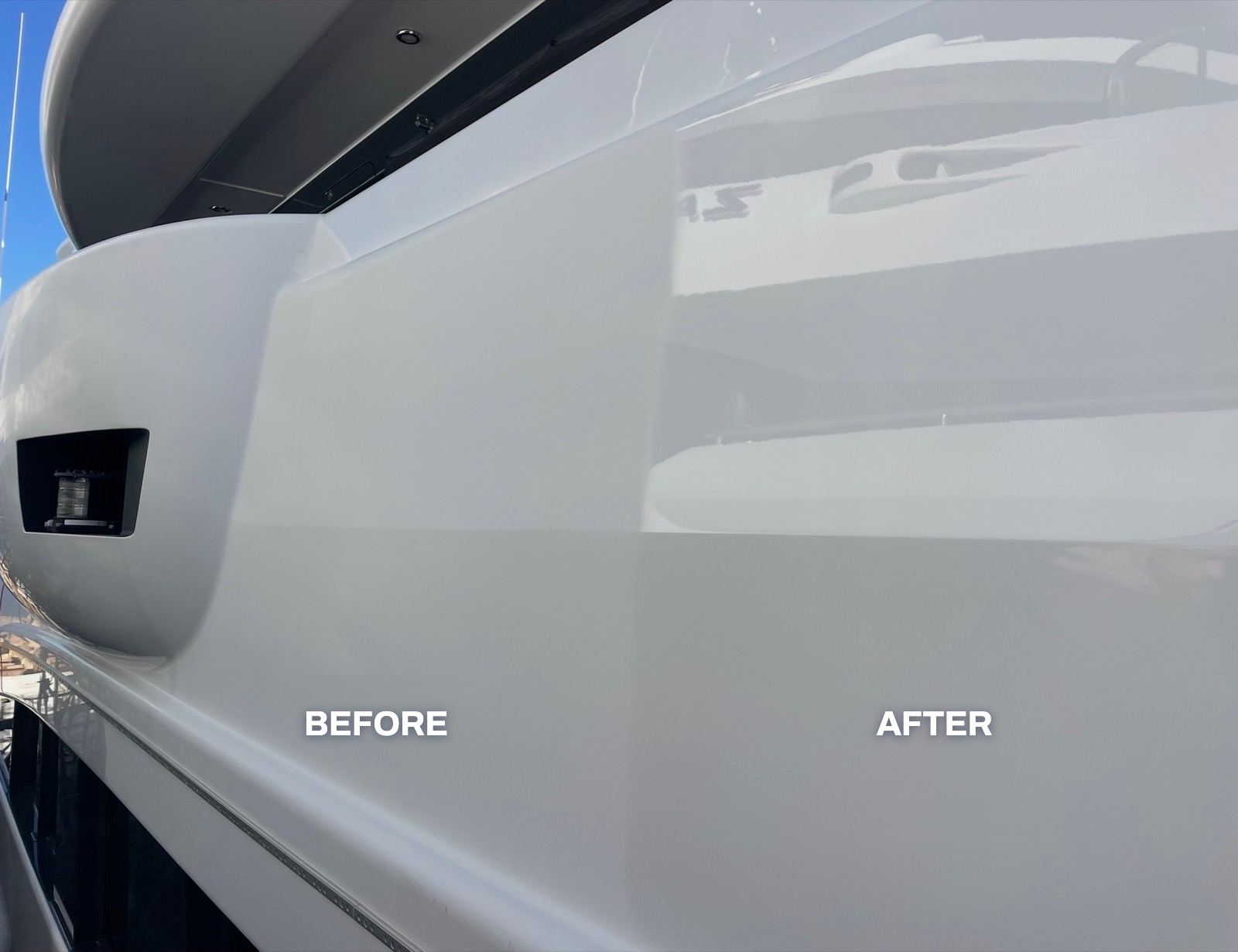 A superyacht hull labelled before and after, showing the difference in gloss following treatment.