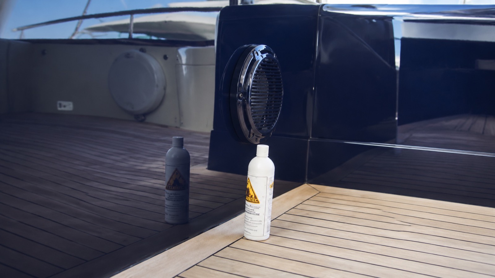 AGlaze treatment bottles on the teak deck of a superyacht.