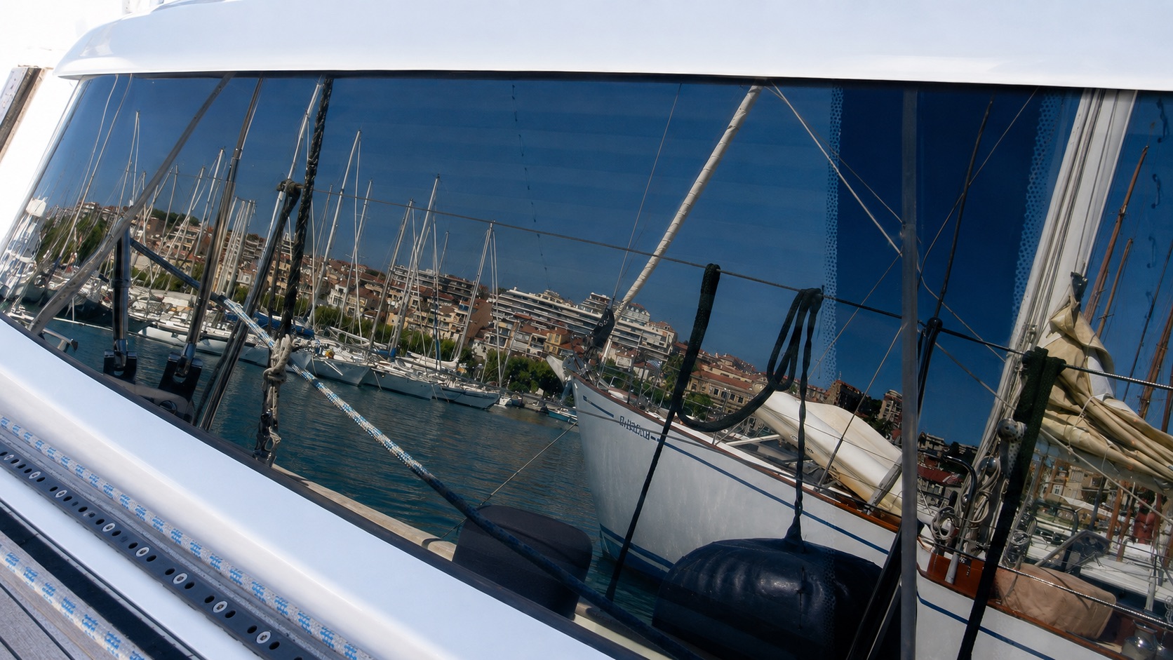 Marina reflected in protected superyacht glass.