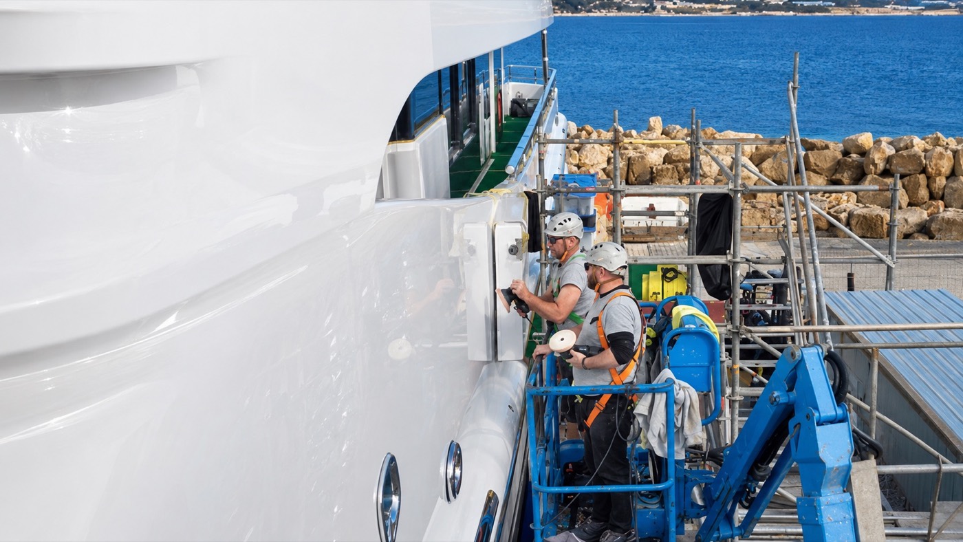 RMP Marine technicians working the topsides of the 55m Amels from a lift in La Ciotat.