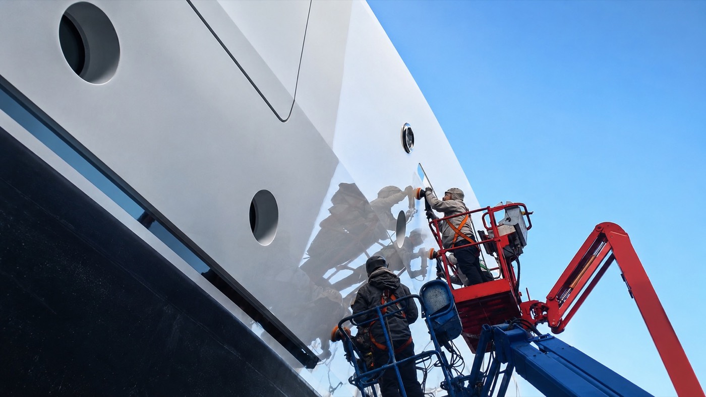 RMP Marine technicians polishing the topsides of the 55m Heesen from cherry pickers.