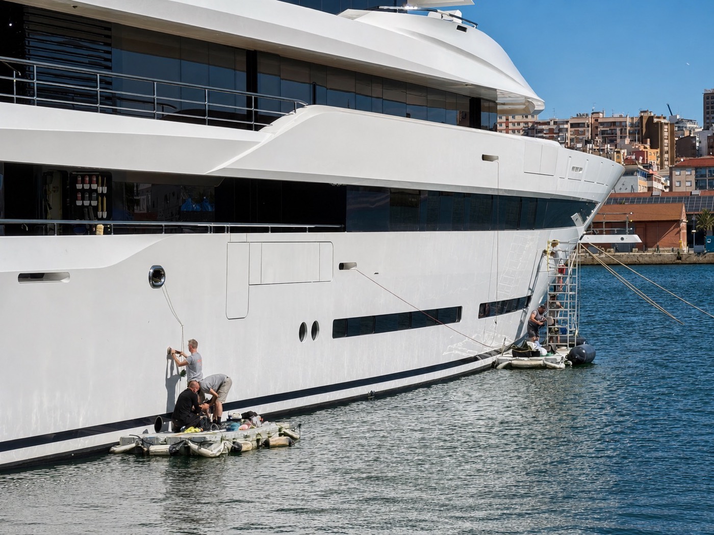The 87m Lurssen alongside in Tarragona, with technicians working the bow from a floating platform.