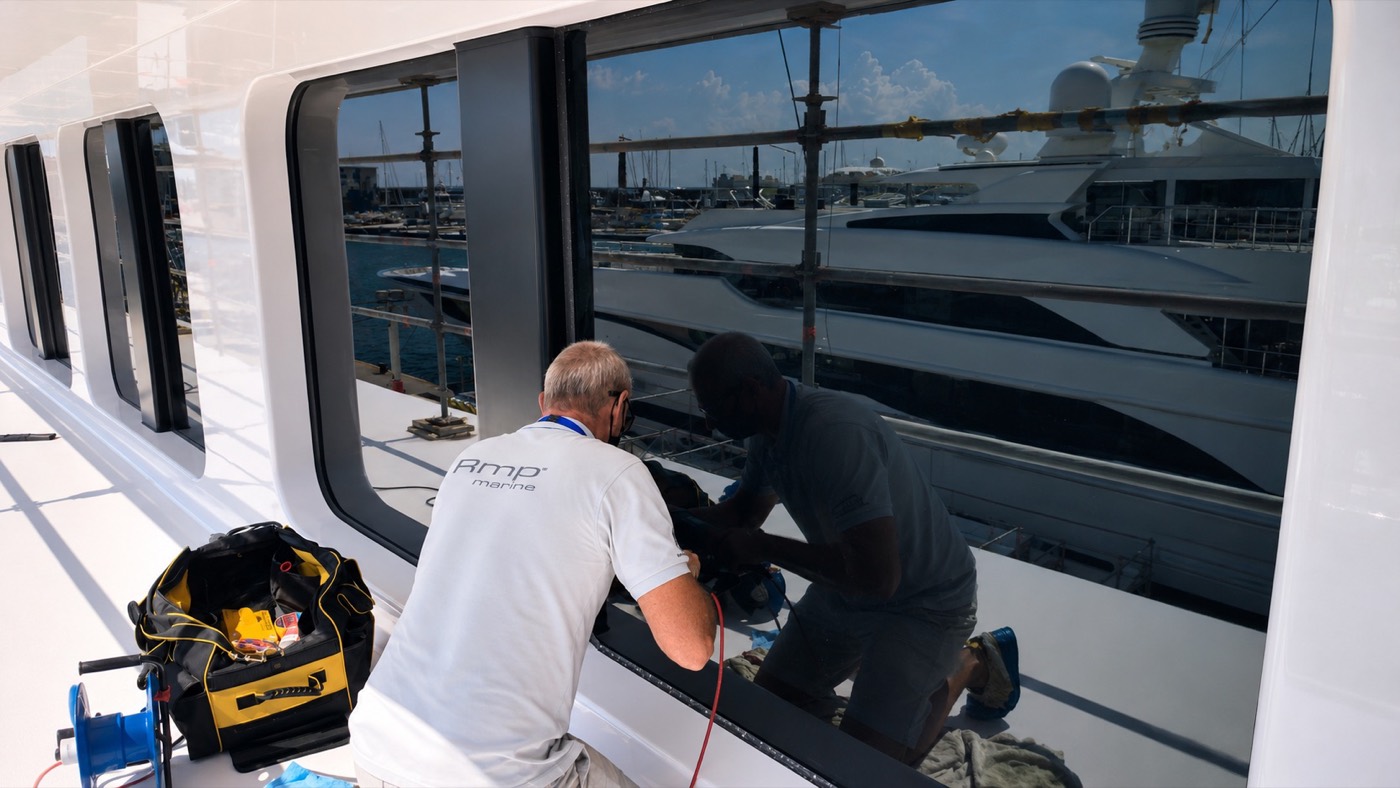 RMP Marine technicians restoring the exterior glass of the 100m+ Oceanco.