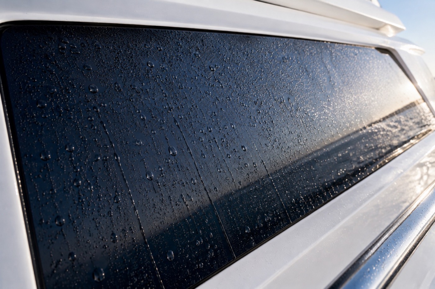 Water beading on the protected exterior glass of a superyacht.