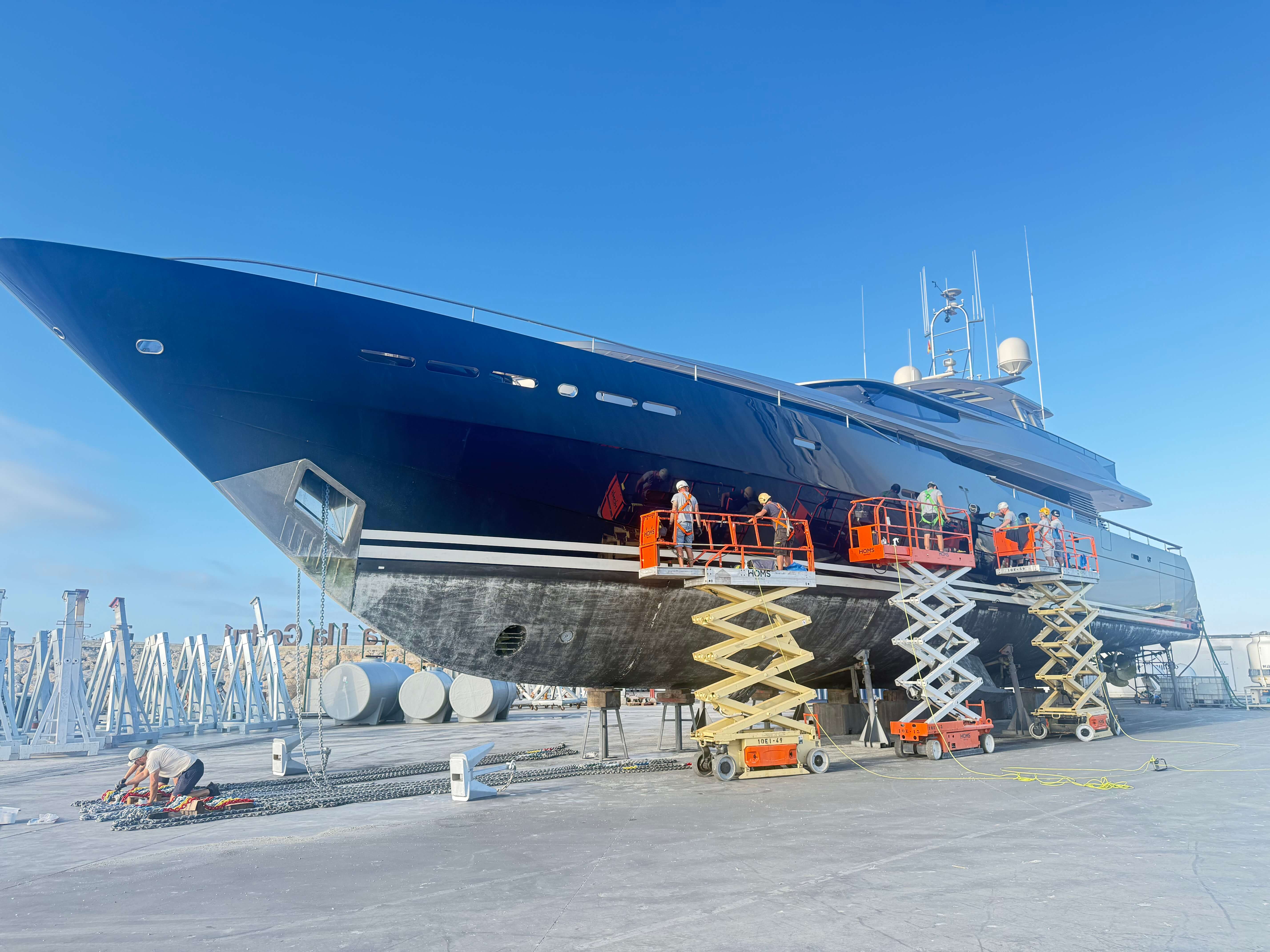 Superyacht hull in drydock during refit at RMP Marine.